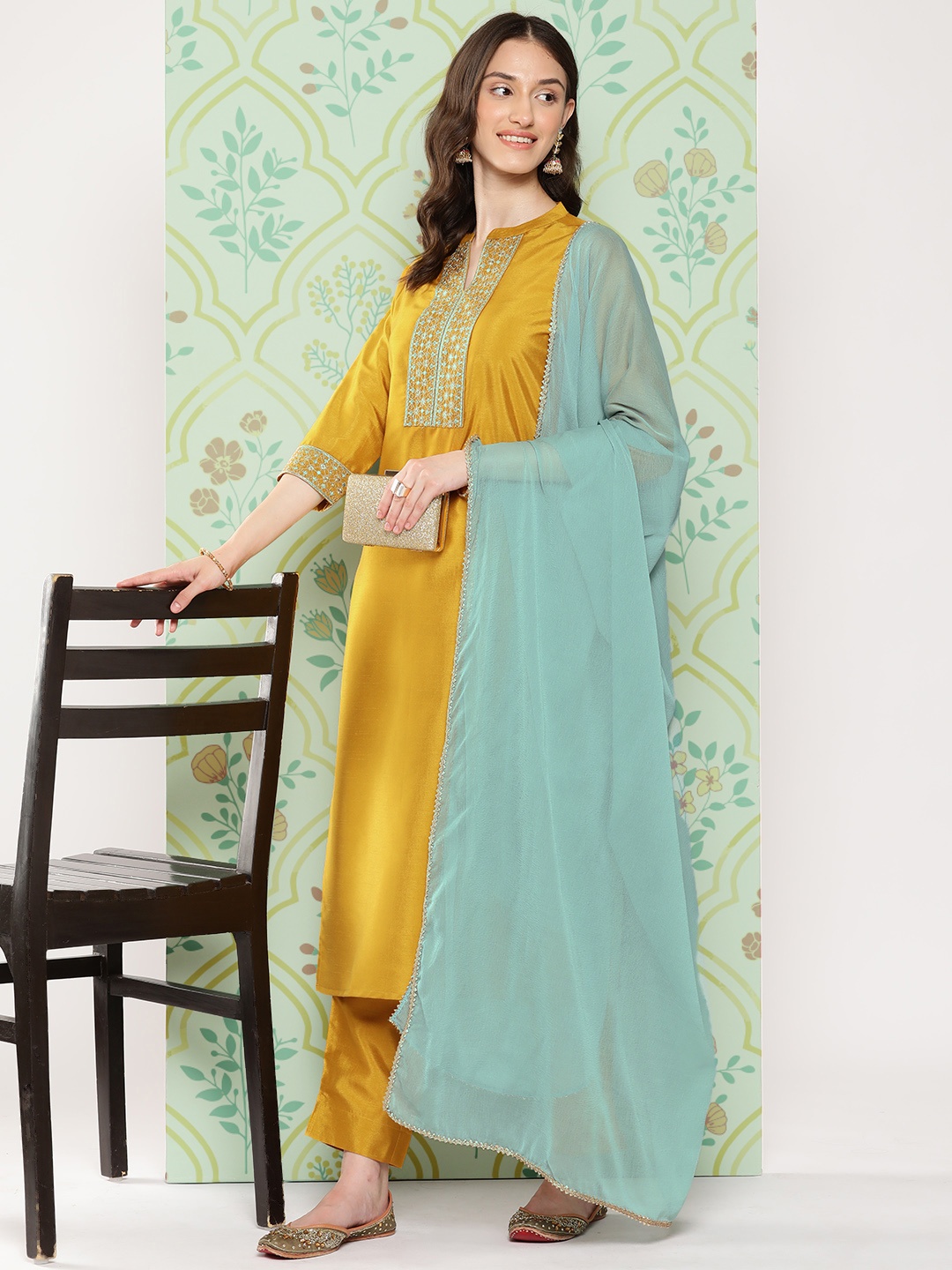 

Janasya Women Mustard Yellow Silk Crepe Kurta with Trousers & With Dupatta