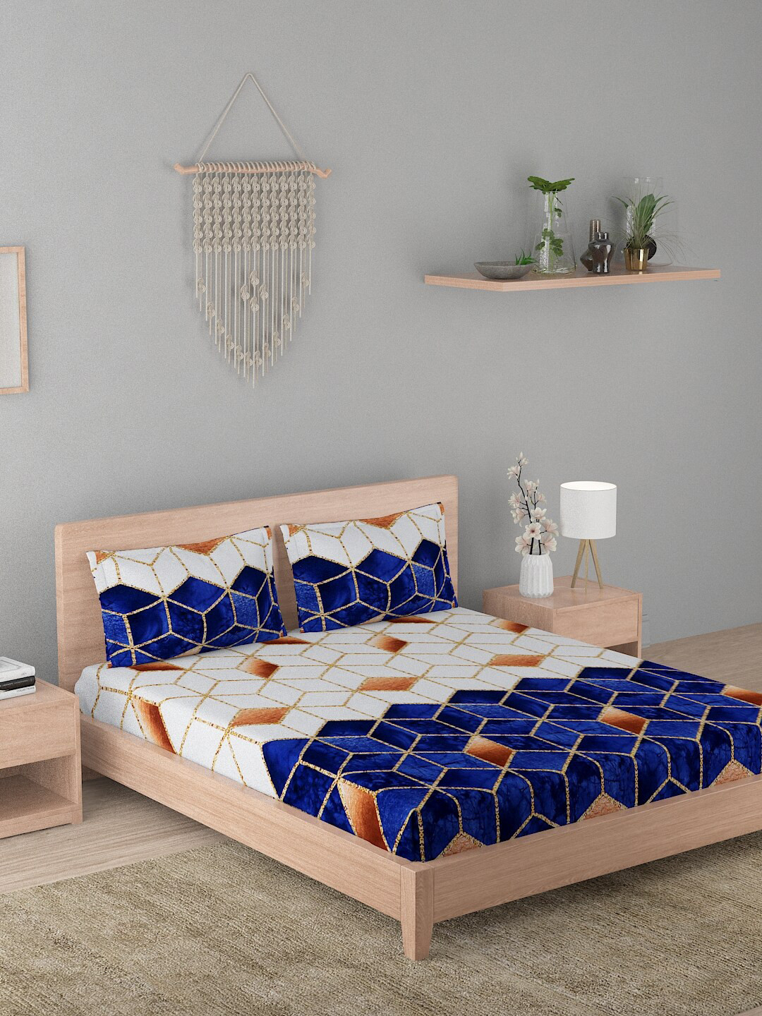 

A Homes Grace White & Blue Geometric 210 TC Queen Bedsheet with 2 Pillow Covers