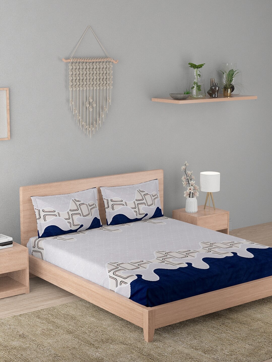 

A Homes Grace Blue & Grey Geometric 210 TC Queen Bedsheet with 2 Pillow Covers