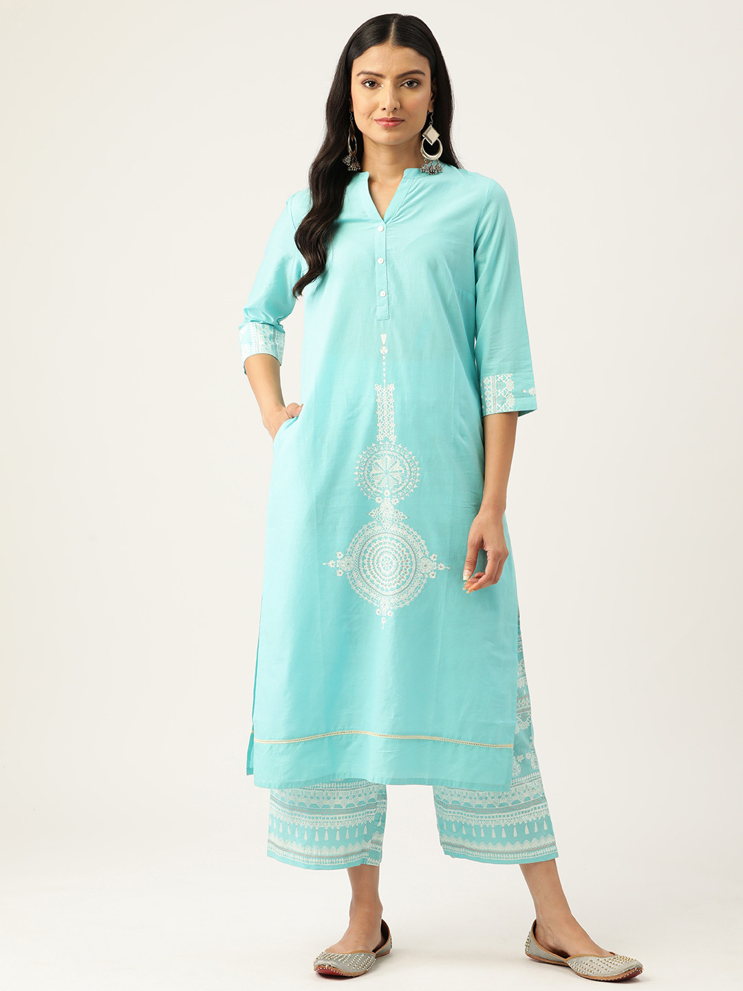 

ZIZO By Namrata Bajaj Floral Printed Pure Cotton Kurta With Palazzos, Turquoise blue