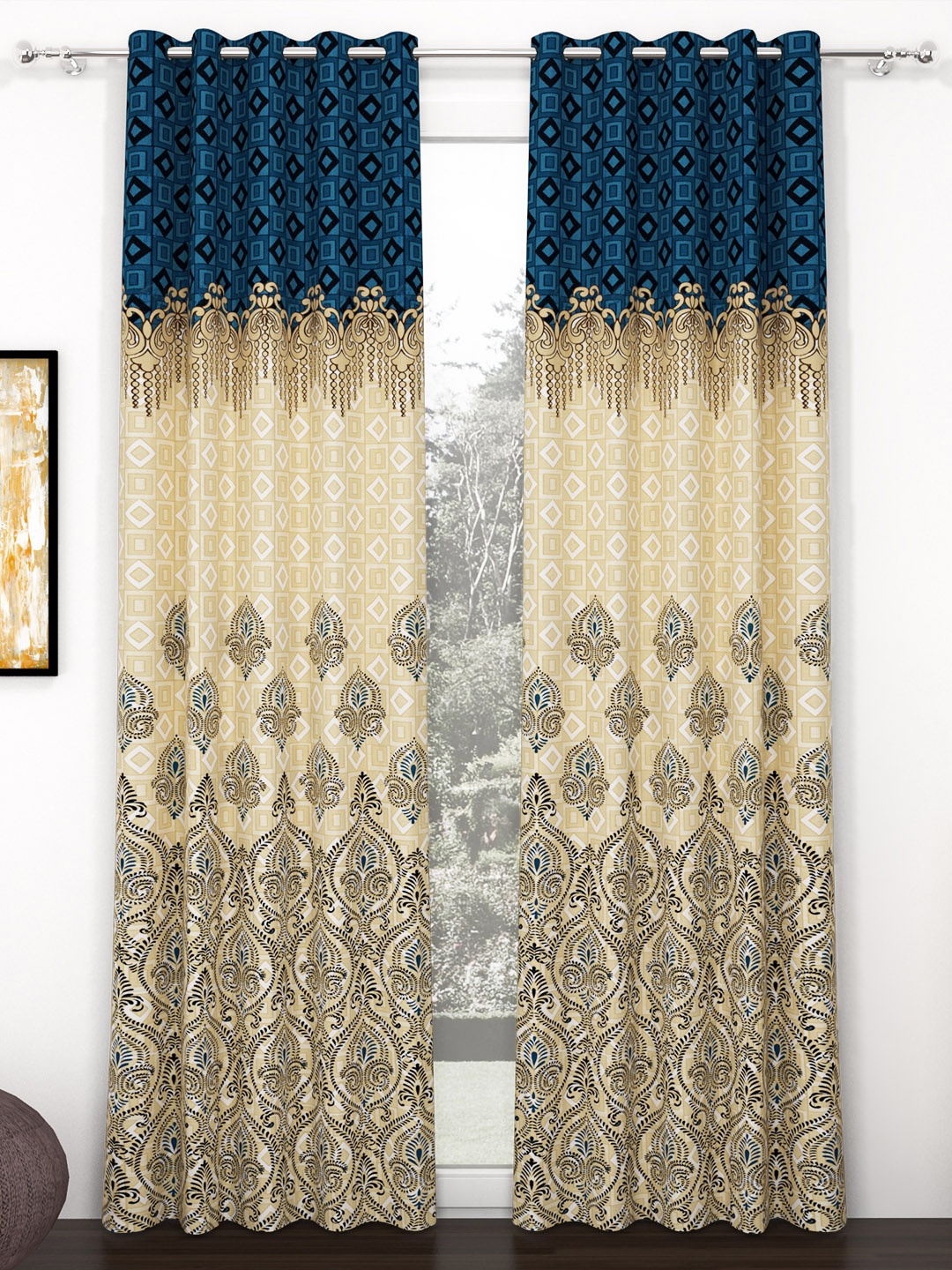 Story@home Blue & Beige 2 Pieces Ethnic Motifs Door Curtain