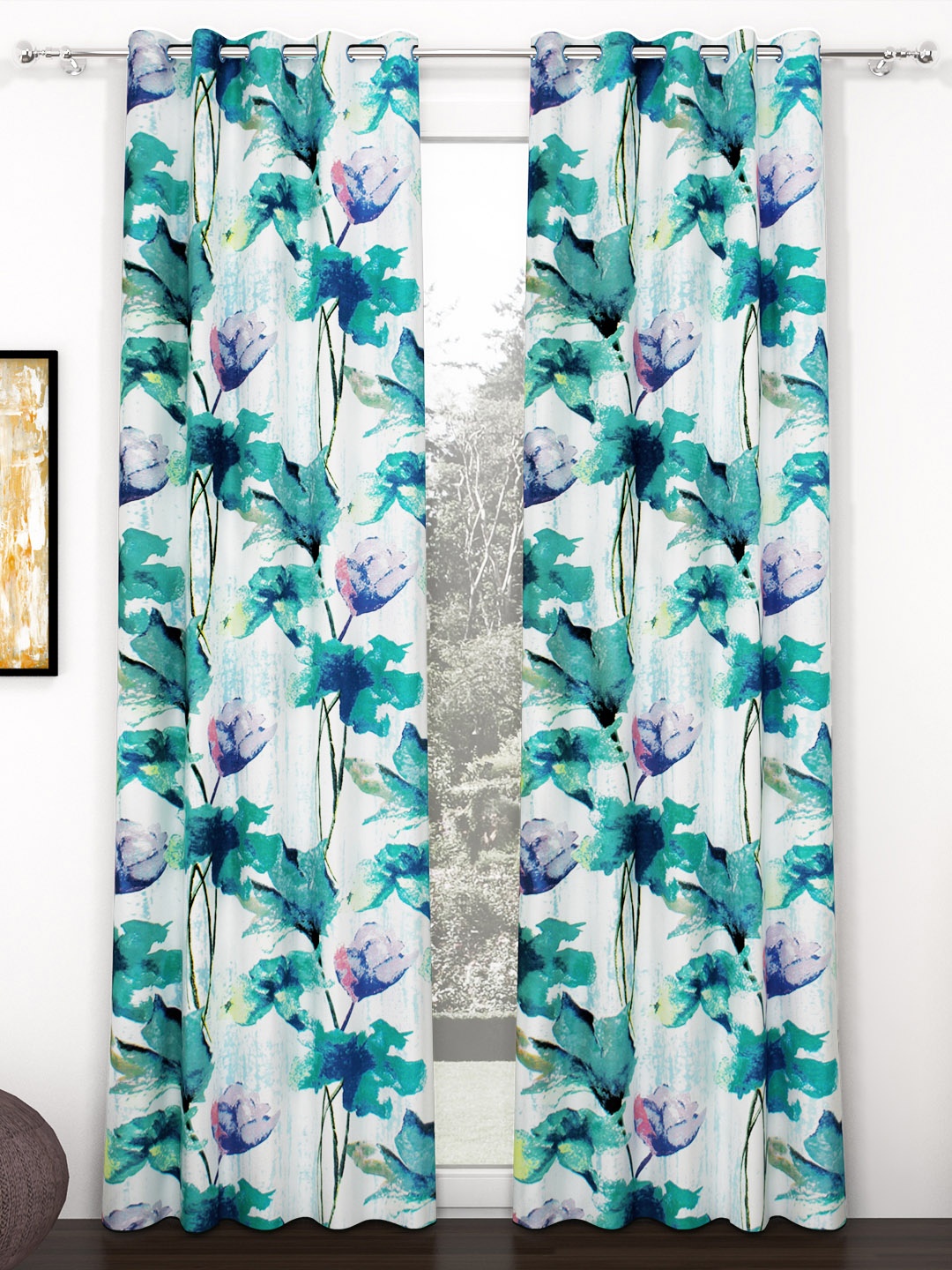 

Story@home White & Pink 2 Pieces Floral Door Curtain