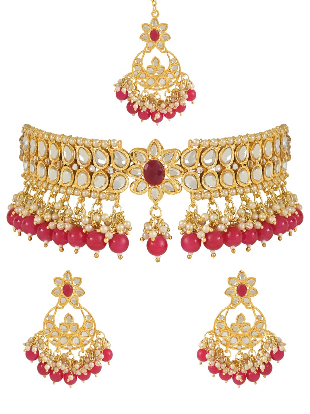 

I Jewels Gold-Plated Kundan Studded & Beaded Jewellery Set