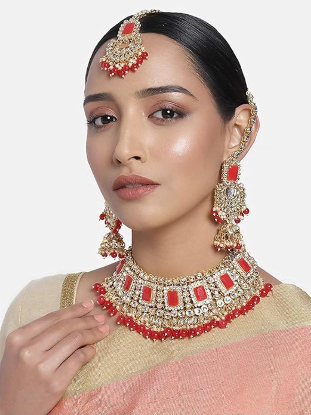 

I Jewels Gold-Plated Kundan-Studded & Beaded Jewellery Set