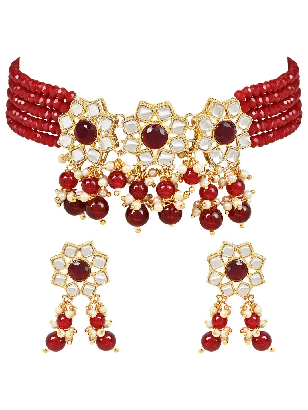 

I Jewels Women Gold-Plated Kundan-Studded & Pearl Beaded Jewellery Set