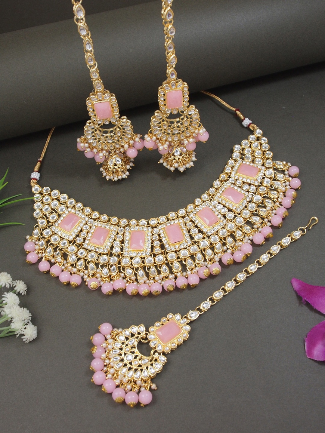

I Jewels Gold Plated Kundan Studded & Artificial Beaded Jewellery Set, Pink