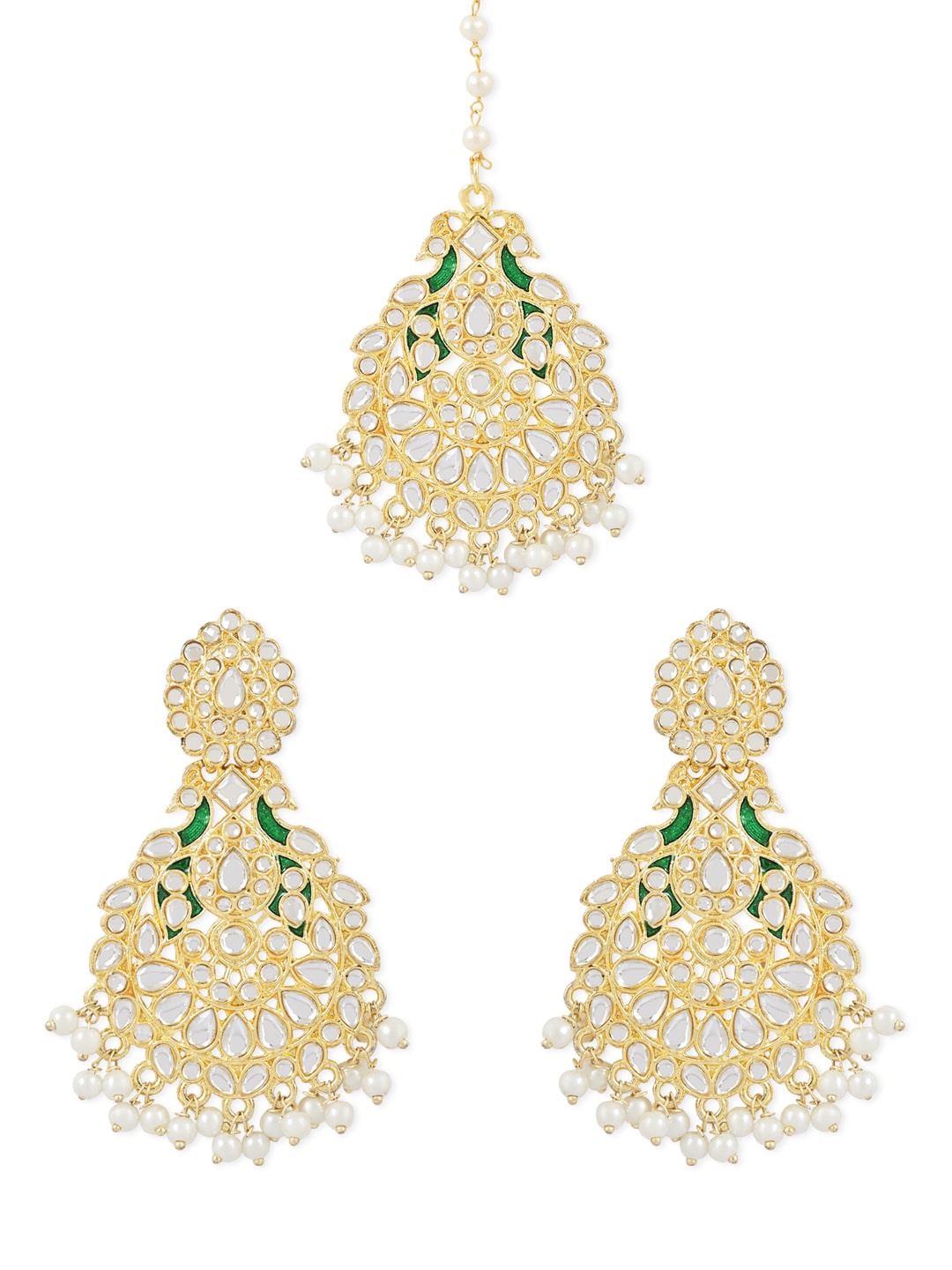 

I Jewels Gold-Plated Kundan Studded & Pearls Beaded Jewellery Set