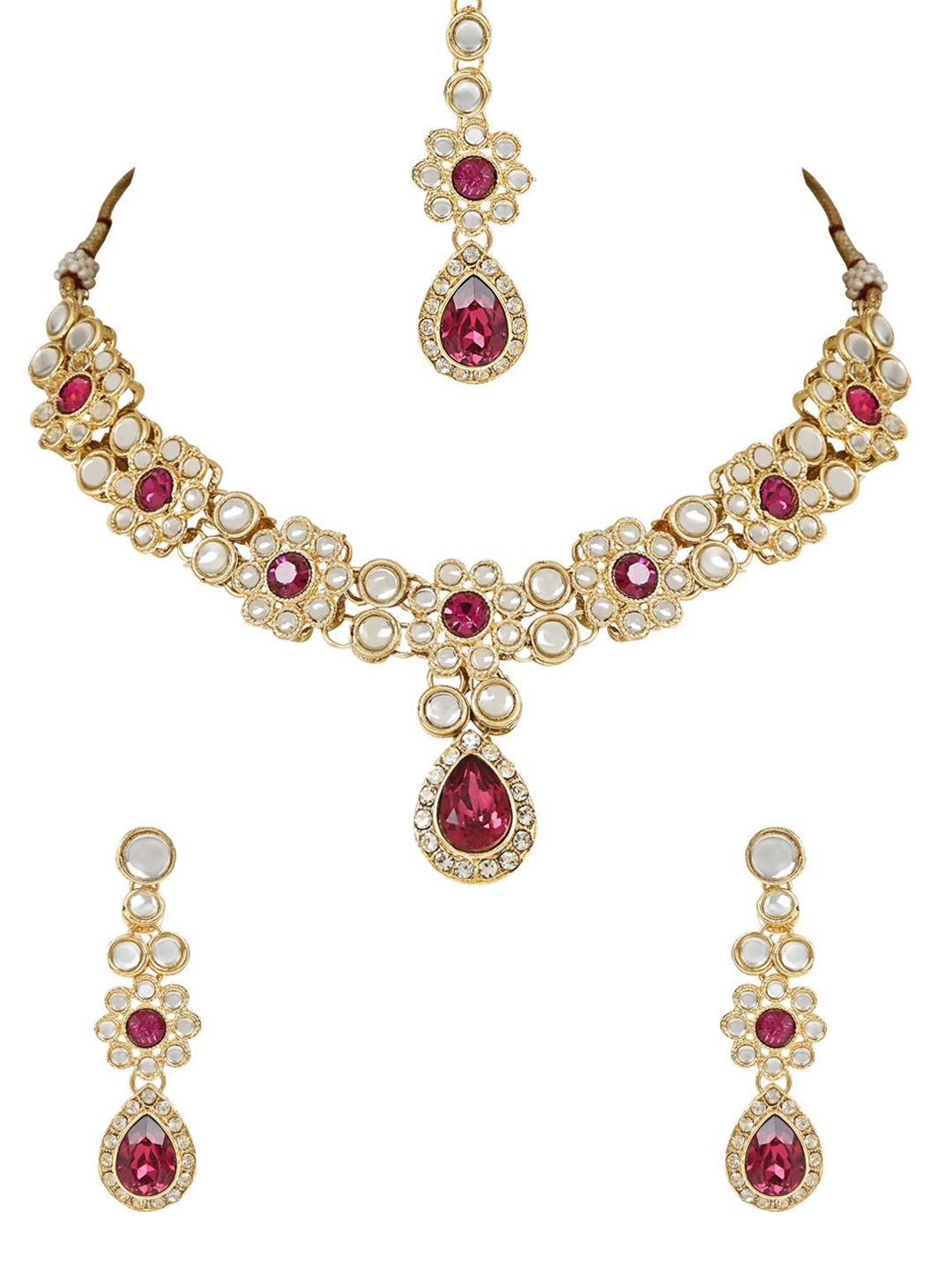 

I Jewels Women Gold-Plated Kundan & Artificial Stones Studded & Beaded Jewellery Set, Fuchsia