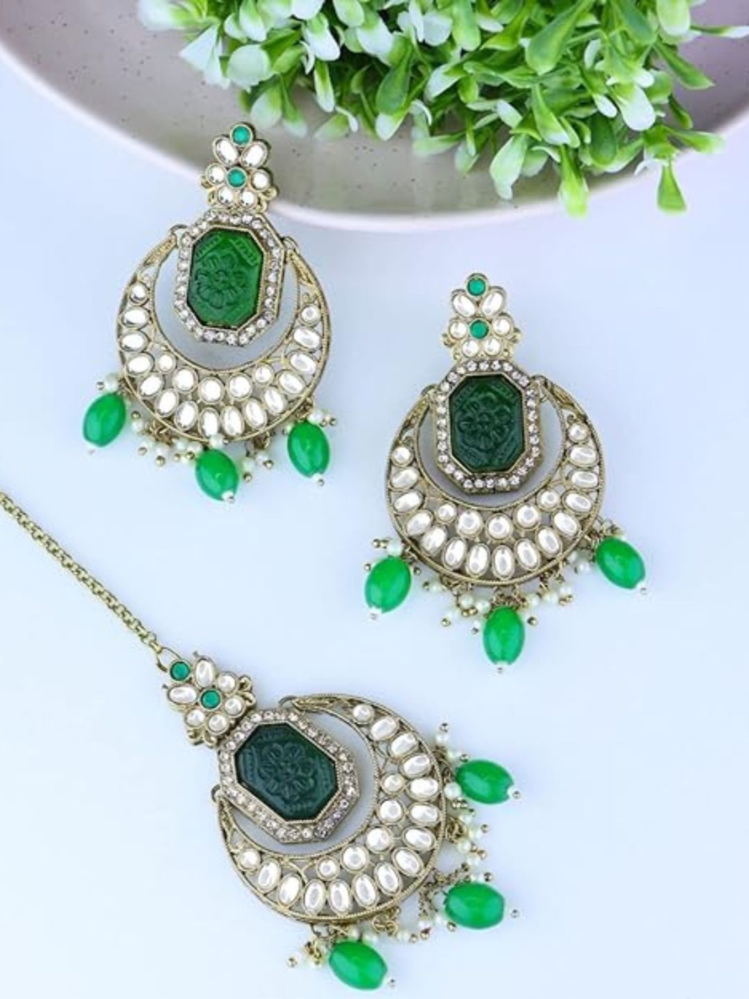 

I Jewels Women Gold-Plated Kundan Studded & Artificial Beads Jewellery Set, Green