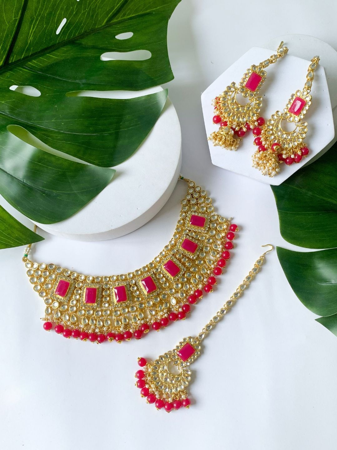 

I Jewels Gold-Plated Kundan Studded & Artificial Beaded Jewellery Set