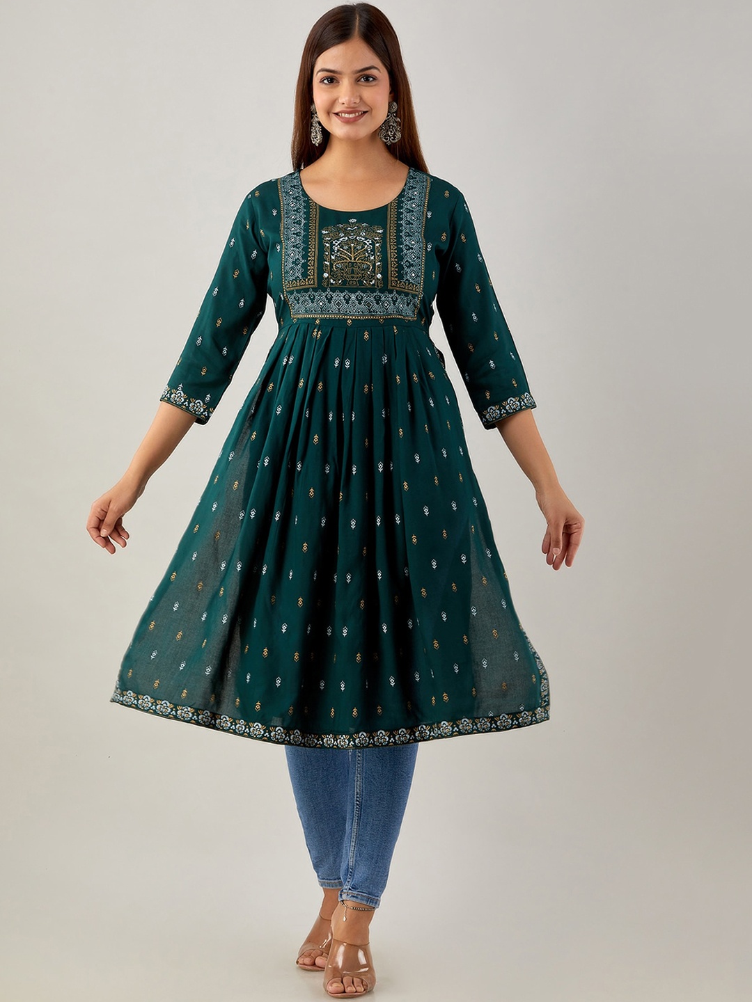 

KALINI Ethnic Motifs Printed Mirror Work Kurta, Green