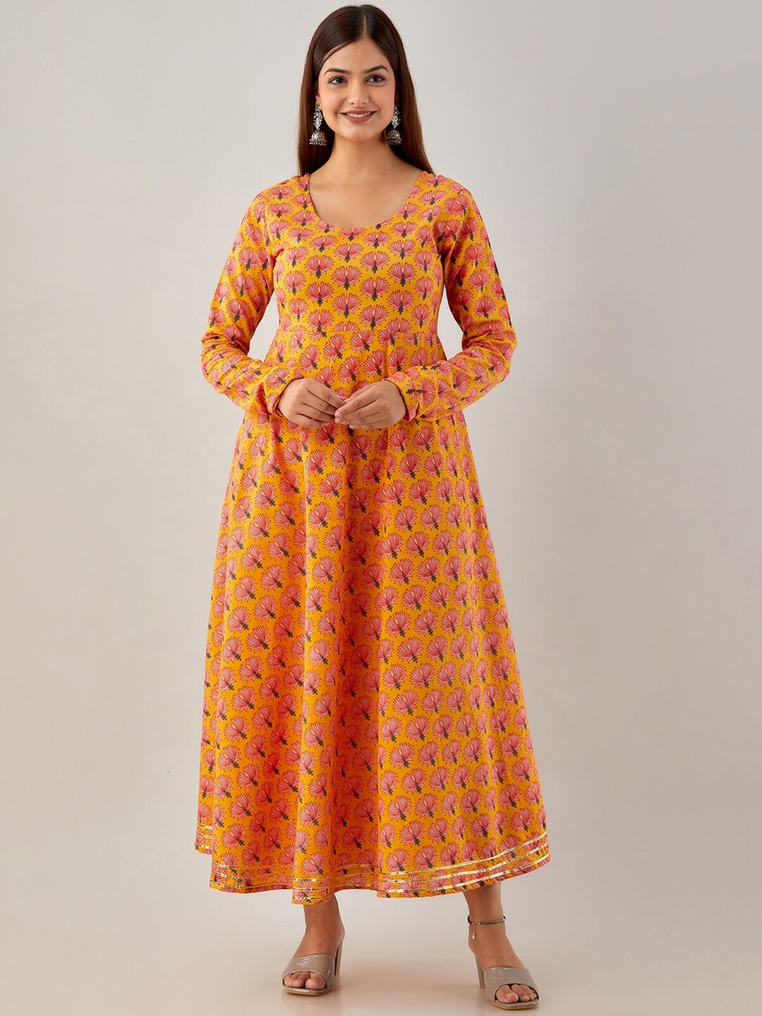 

KALINI Floral Printed Maxi Fit and Flare Ethnic Dress, Orange