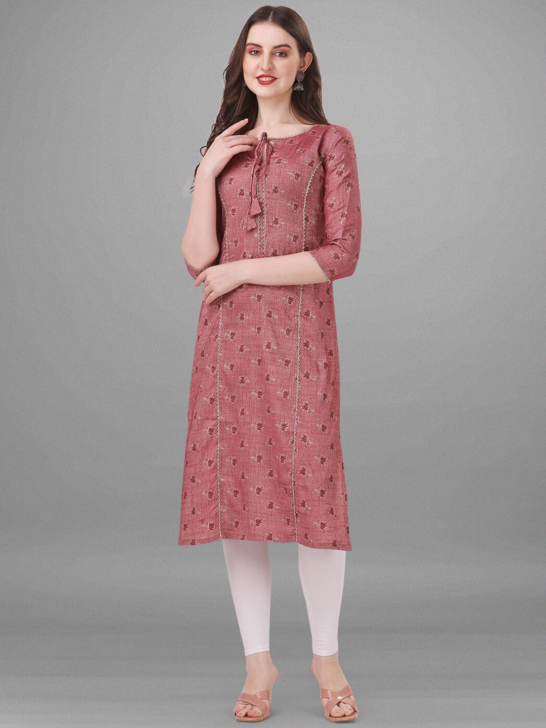 

MotiHamir Floral Printed Tie-Up Neck Cotton Kurta, Rose