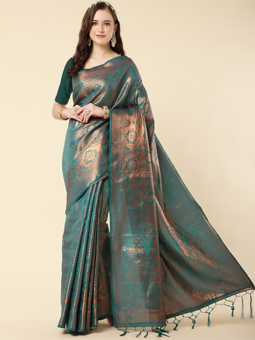 

TEREZA Ethnic Woven Design Zari Pure Silk Kanjeevaram Saree, Sea green