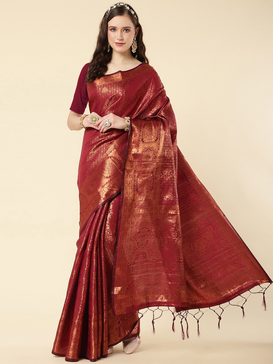 

TEREZA Floral Woven Design Zari Pure Silk Kanjeevaram Saree, Maroon