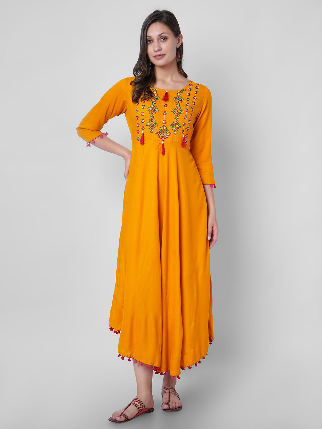 

VASANT APPAREL Round Neck Ethnic Motifs Embroidered Fit & Flare Midi Ethnic Dress, Yellow