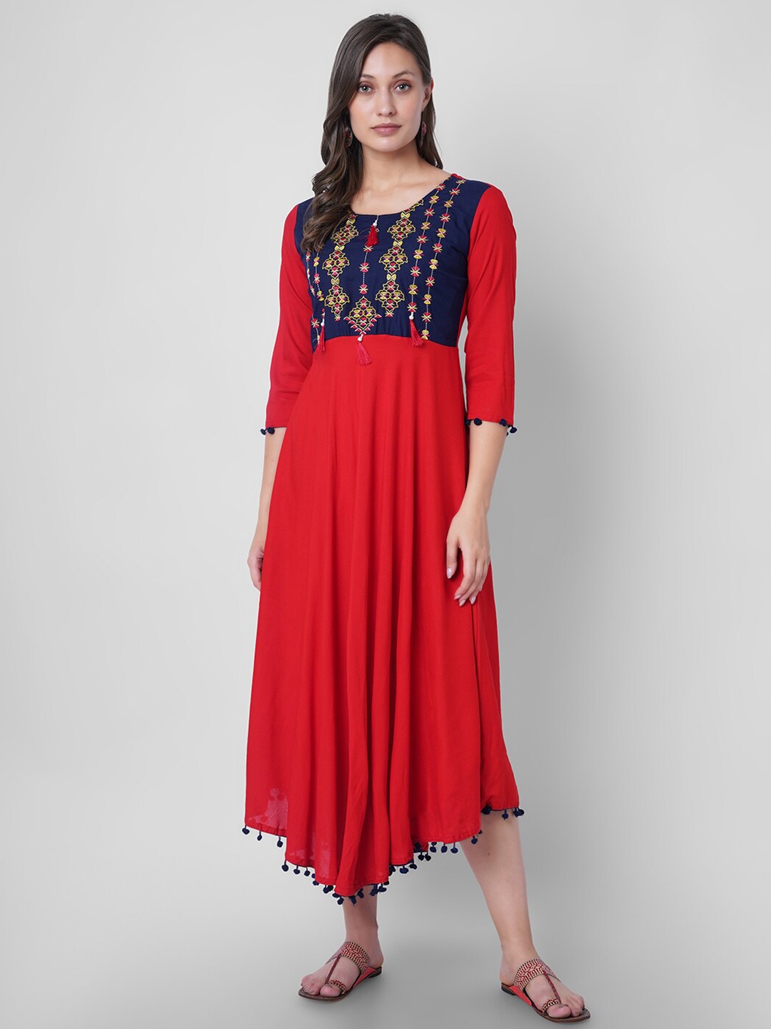 

VASANT APPAREL Round Neck Ethnic Motifs Embroidered Fit & Flare Midi Ethnic Dress, Red