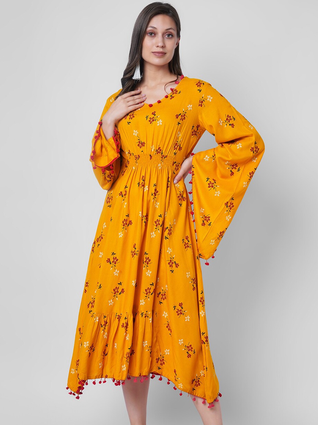 

VASANT APPAREL Floral Printed Long Flared Sleeves Fit & Flare Midi Dress, Yellow