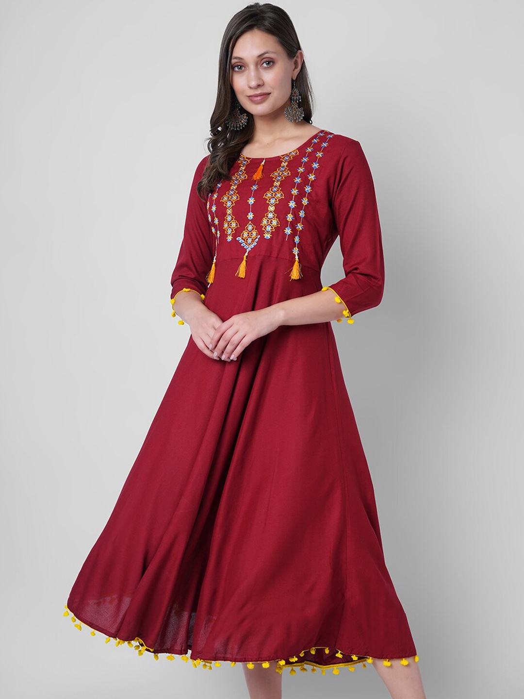 

VASANT APPAREL Round Neck Ethnic Motifs Embroidered Fit & Flare Midi Ethnic Dress, Maroon
