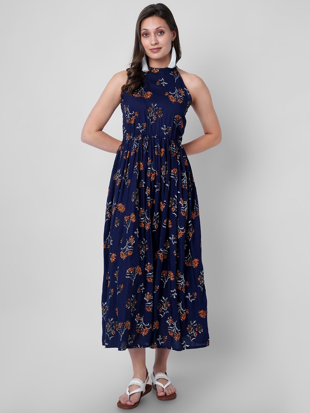 

VASANT APPAREL Floral Printed Fit & Flare Midi Dress, Blue