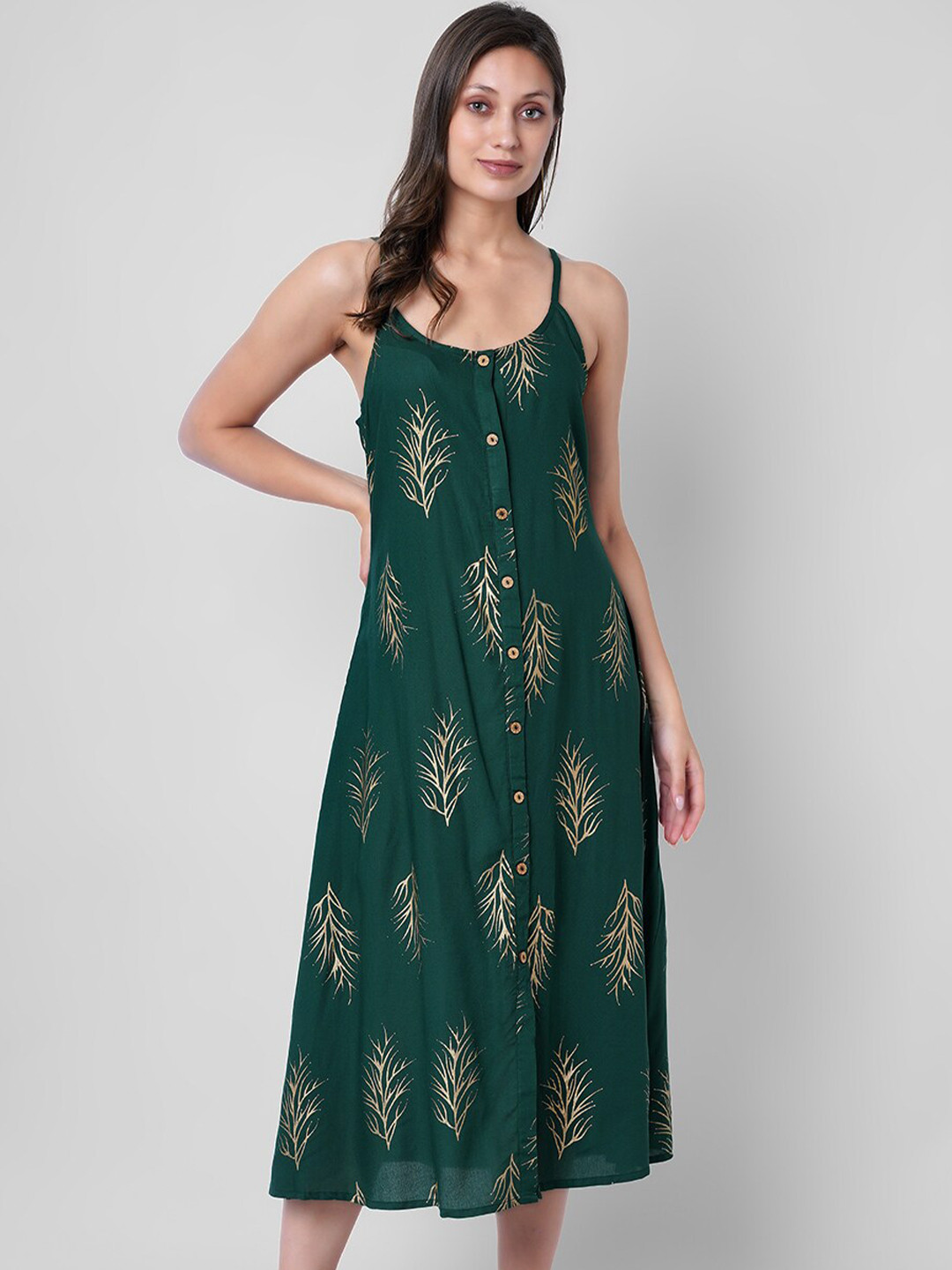 

VASANT APPAREL Floral Printed Shoulder Straps A-Line Midi Dress, Green