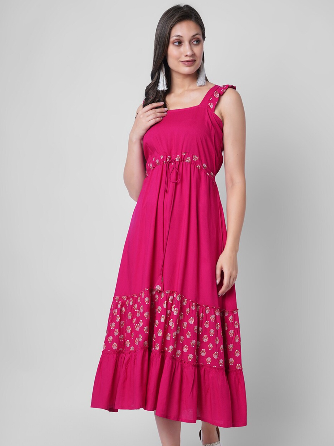 

VASANT APPAREL Floral Printed Tie Up Fit & Flare Midi Dress, Pink