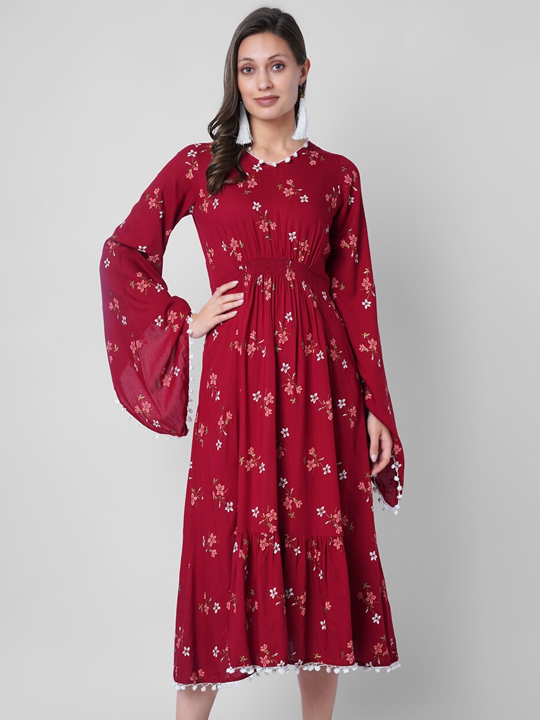 

VASANT APPAREL Floral Printed Long Flared Sleeves Fit & Flare Midi Dress, Red