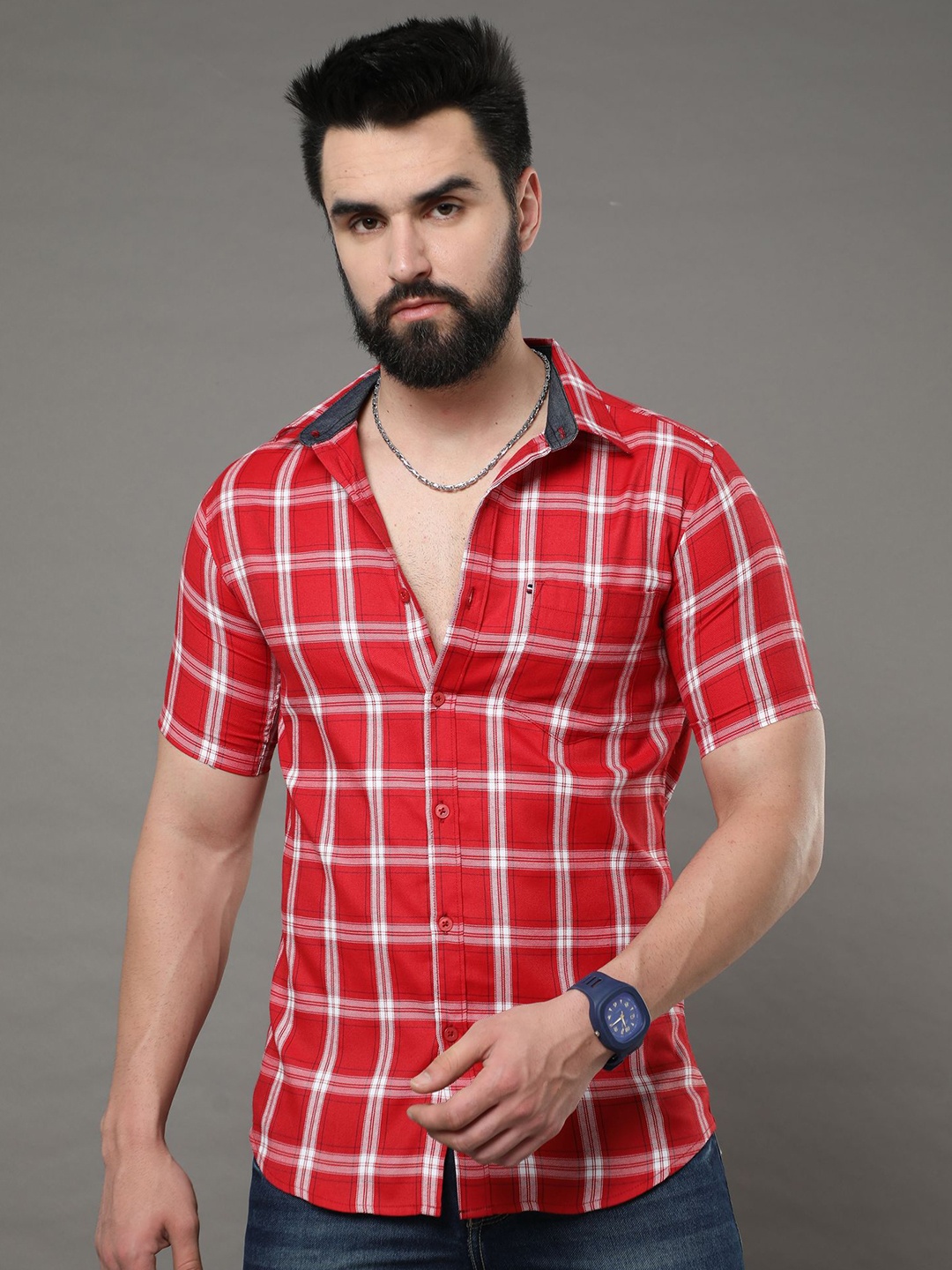 

CAZZBA Windowpane Checked Spread Collar Short Sleeves Casual Shirt, Red