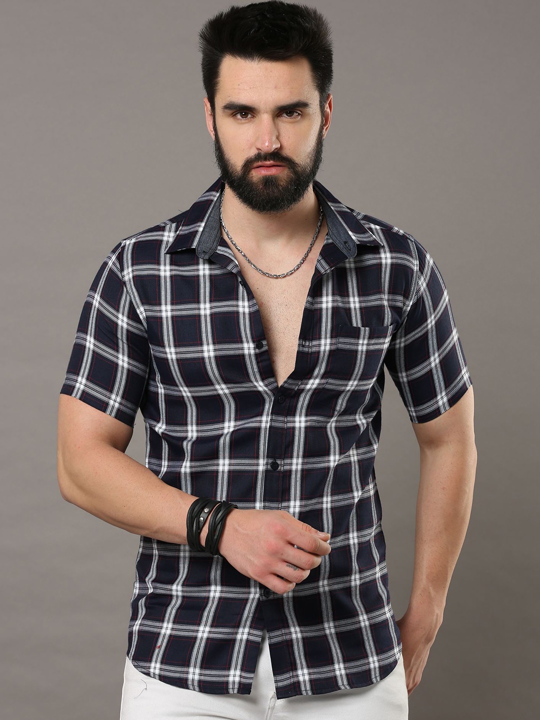 

CAZZBA Windowpane Checked Spread Collar Short Sleeves Casual Shirt, Navy blue