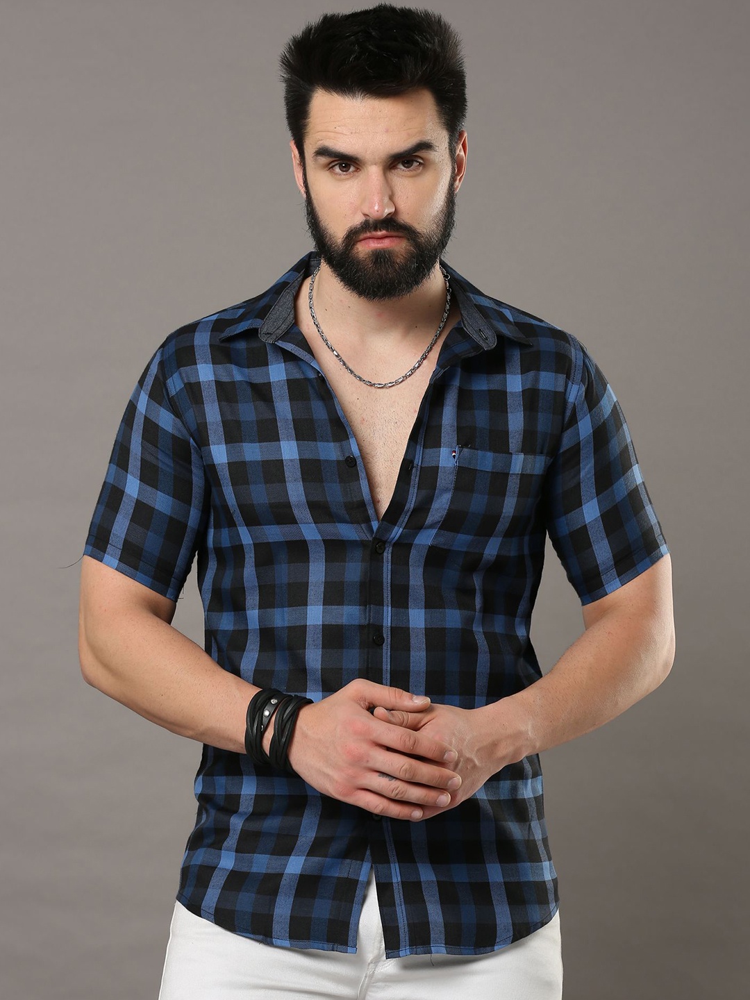 

CAZZBA Windowpane Checked Spread Collar Short Sleeves Casual Shirt, Navy blue