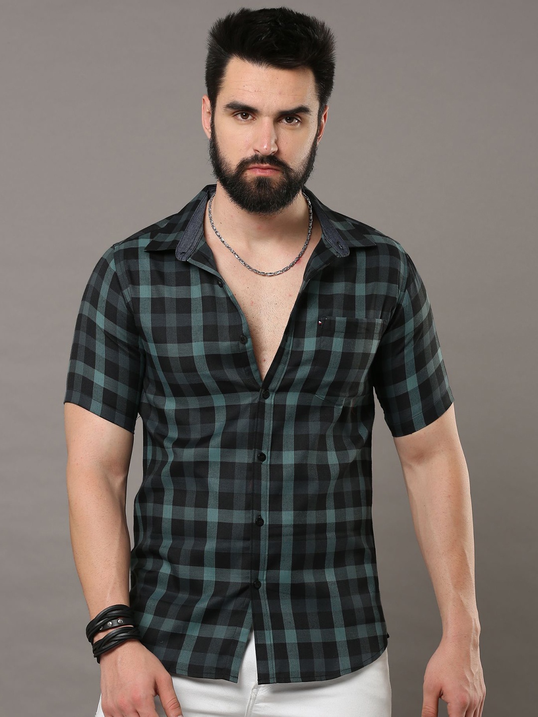 

CAZZBA Windowpane Checked Spread Collar Short Sleeves Casual Shirt, Green