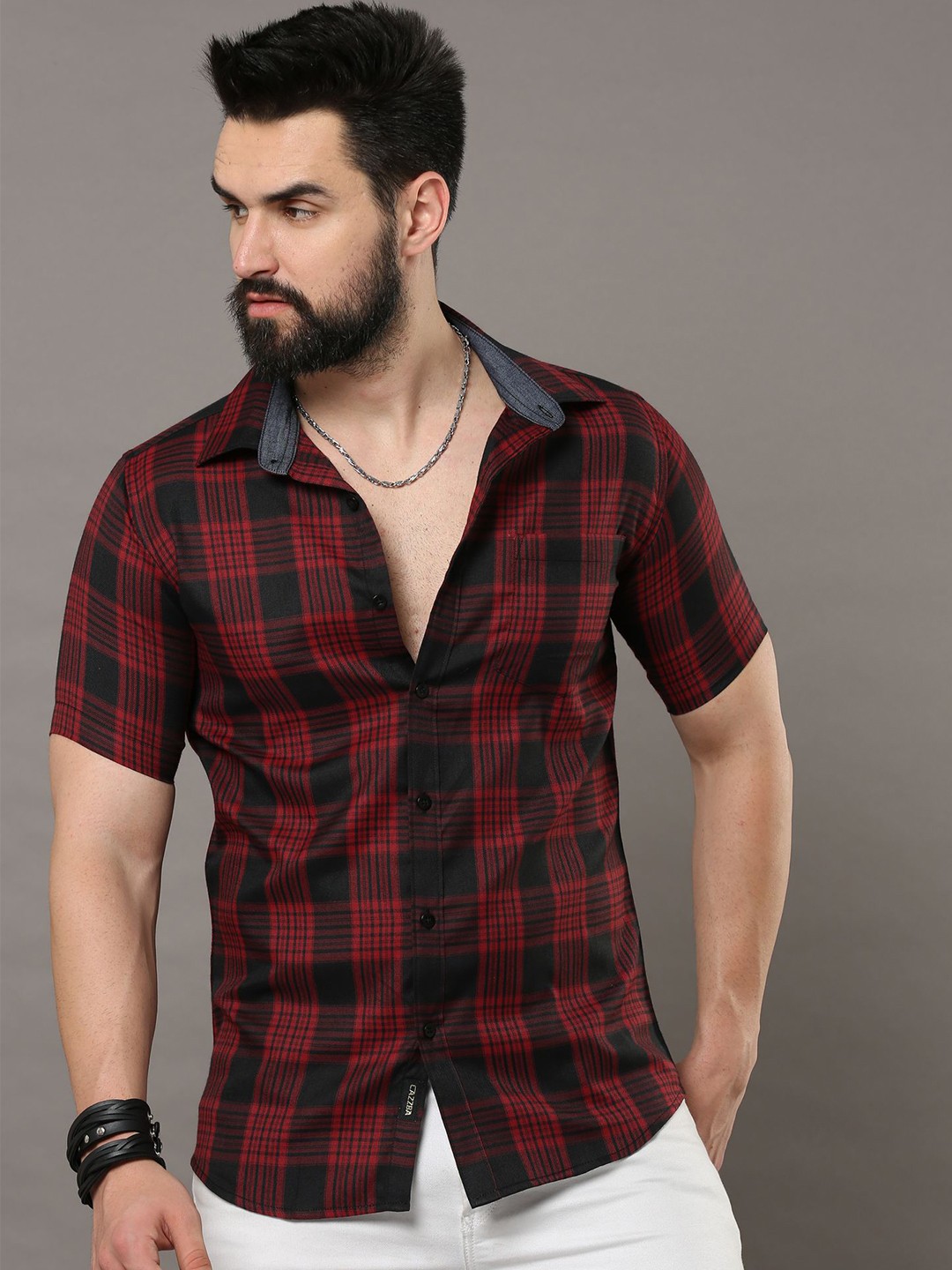 

CAZZBA Checked Spread Collar Short Sleeves Casual Shirt, Maroon