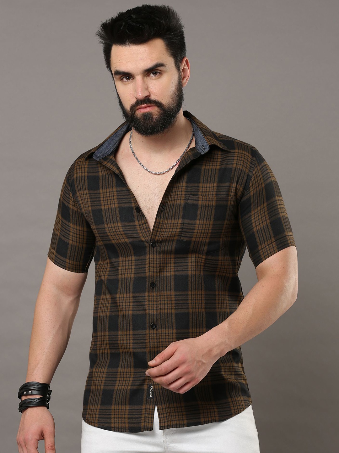 

CAZZBA Checked Spread Collar Short Sleeves Casual Shirt, Brown