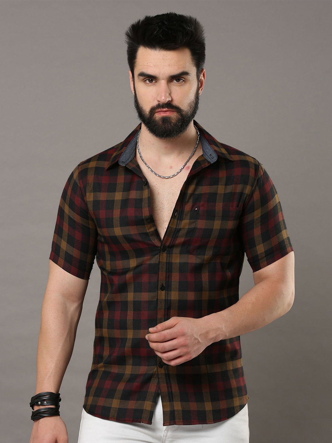 

CAZZBA Checked Spread Collar Short Sleeves Casual Shirt, Black