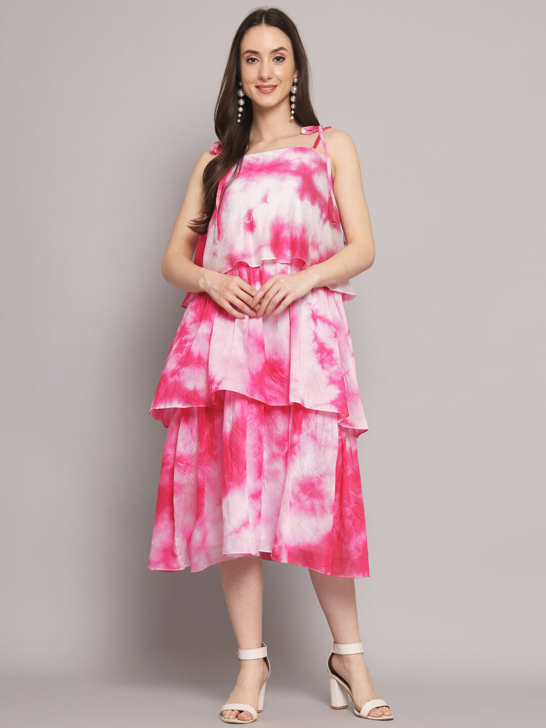 

Myshka Shoulder Straps Tie and Dye Dyed Layered A-Line Midi Dress, Pink
