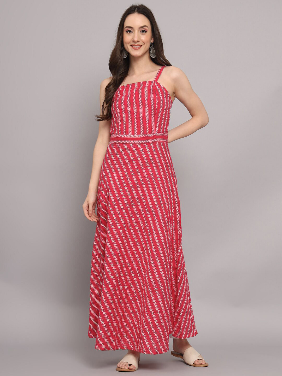 

Myshka Shoulder Straps Striped Pure Cotton Maxi Dress, Pink