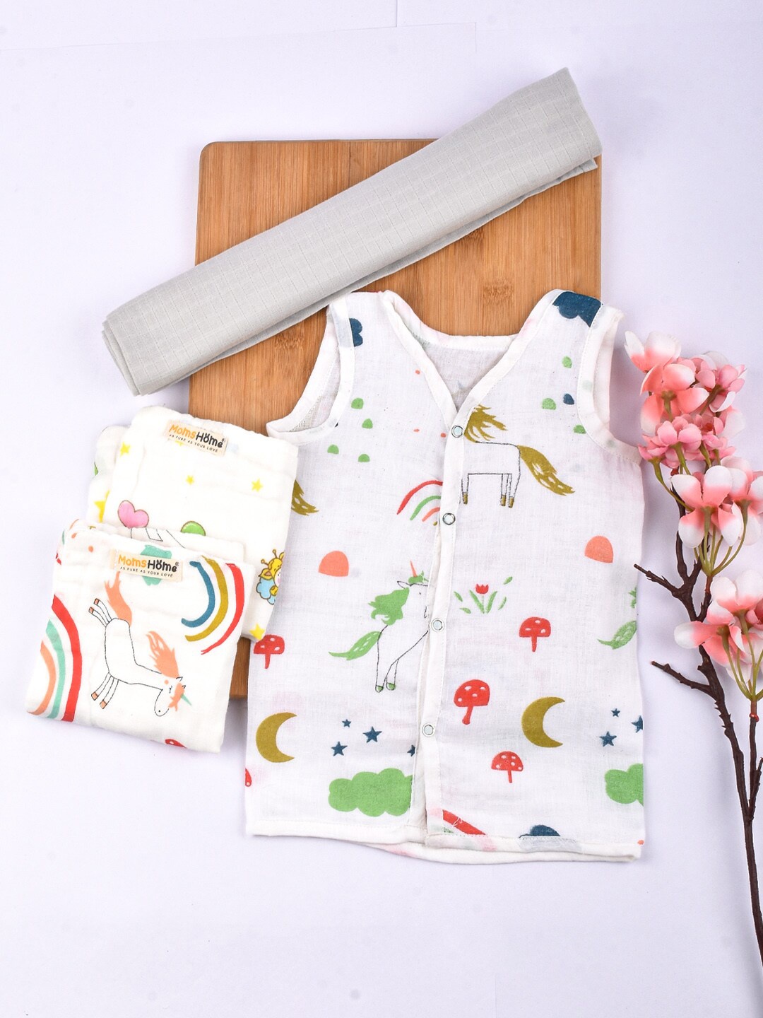 

Moms Home Infants Set Of 4 Printed Organic Cotton Jhabla Combo, White