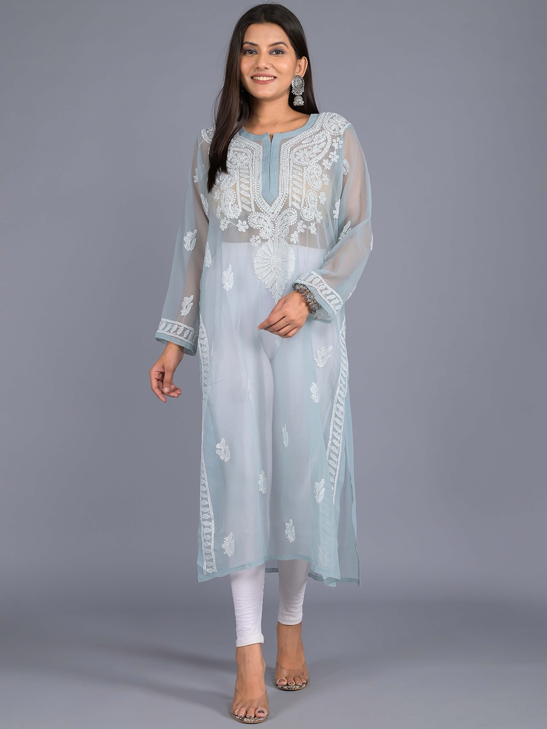 

SHOOLIN Ethnic Motifs Embroidered Chikankari Georgette Kurta, Grey