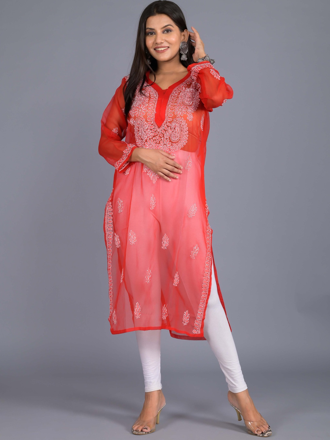 

SHOOLIN Ethnic Motifs Embroidered Chikankari Georgette Kurta, Red