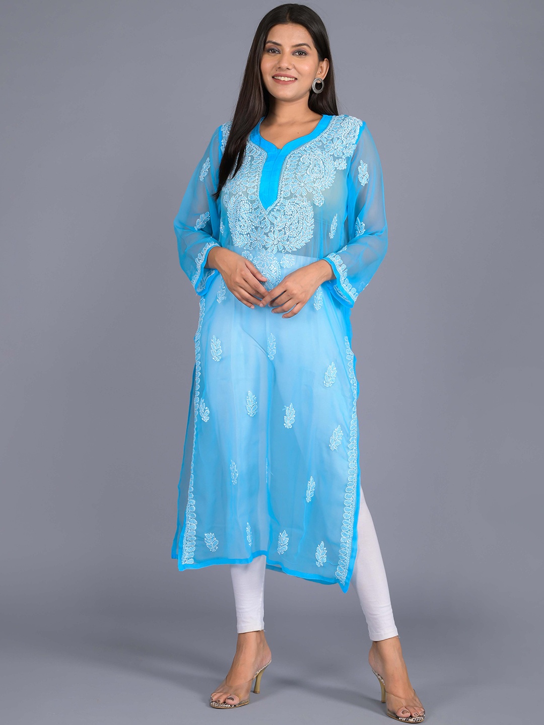 

SHOOLIN Ethnic Motifs Embroidered Chikankari Georgette Kurta, Turquoise blue