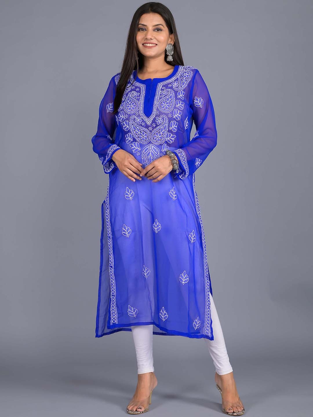 

SHOOLIN Ethnic Motifs Embroidered Chikankari Georgette Kurta, Blue