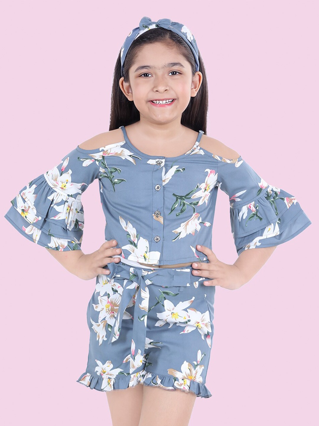 

Naughty Ninos Girls Floral Printed Crop Top with Shorts Clothing Set, Grey