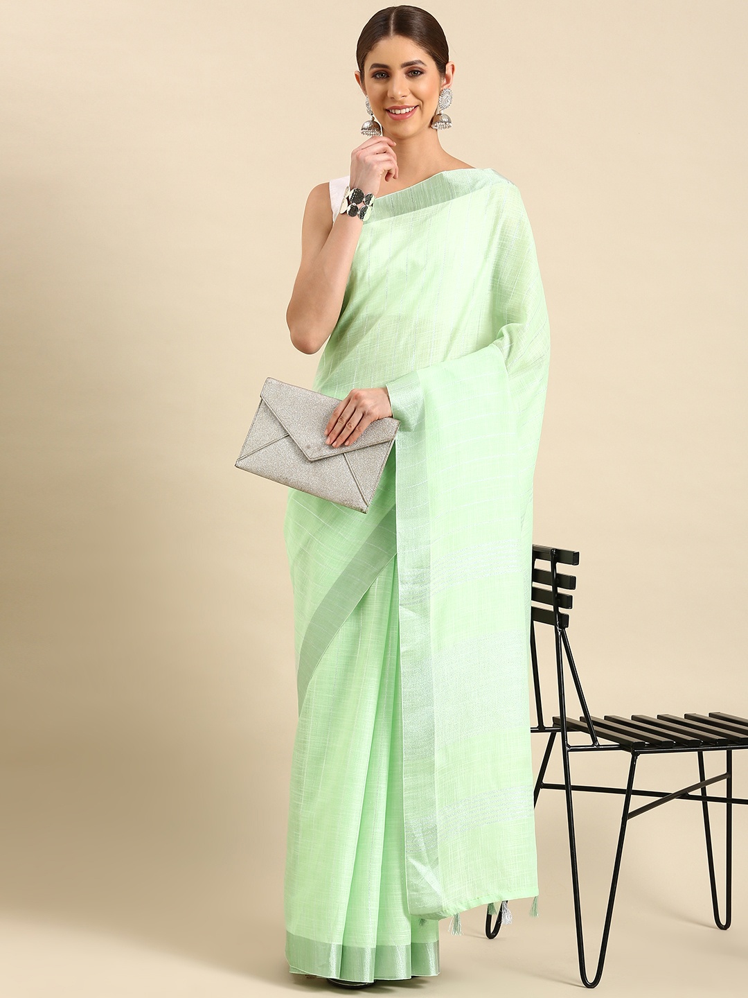 

KALINI Woven Design Striped Zari Pure Linen Saree, Green