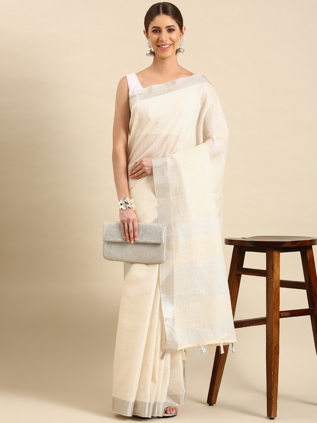 

KALINI Woven Design Striped Zari Pure Linen Saree, Beige
