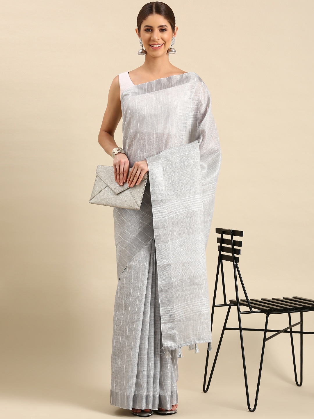 

KALINI Woven Design Striped Zari Pure Linen Saree, Grey