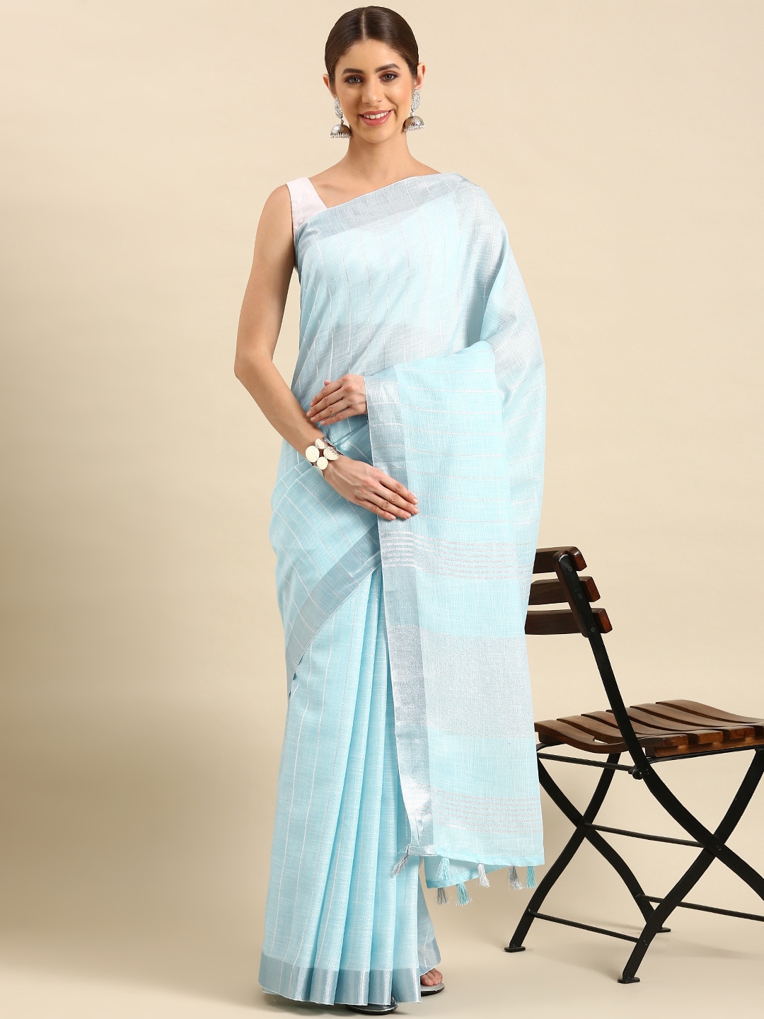

KALINI Woven Design Striped Zari Pure Linen Saree, Blue