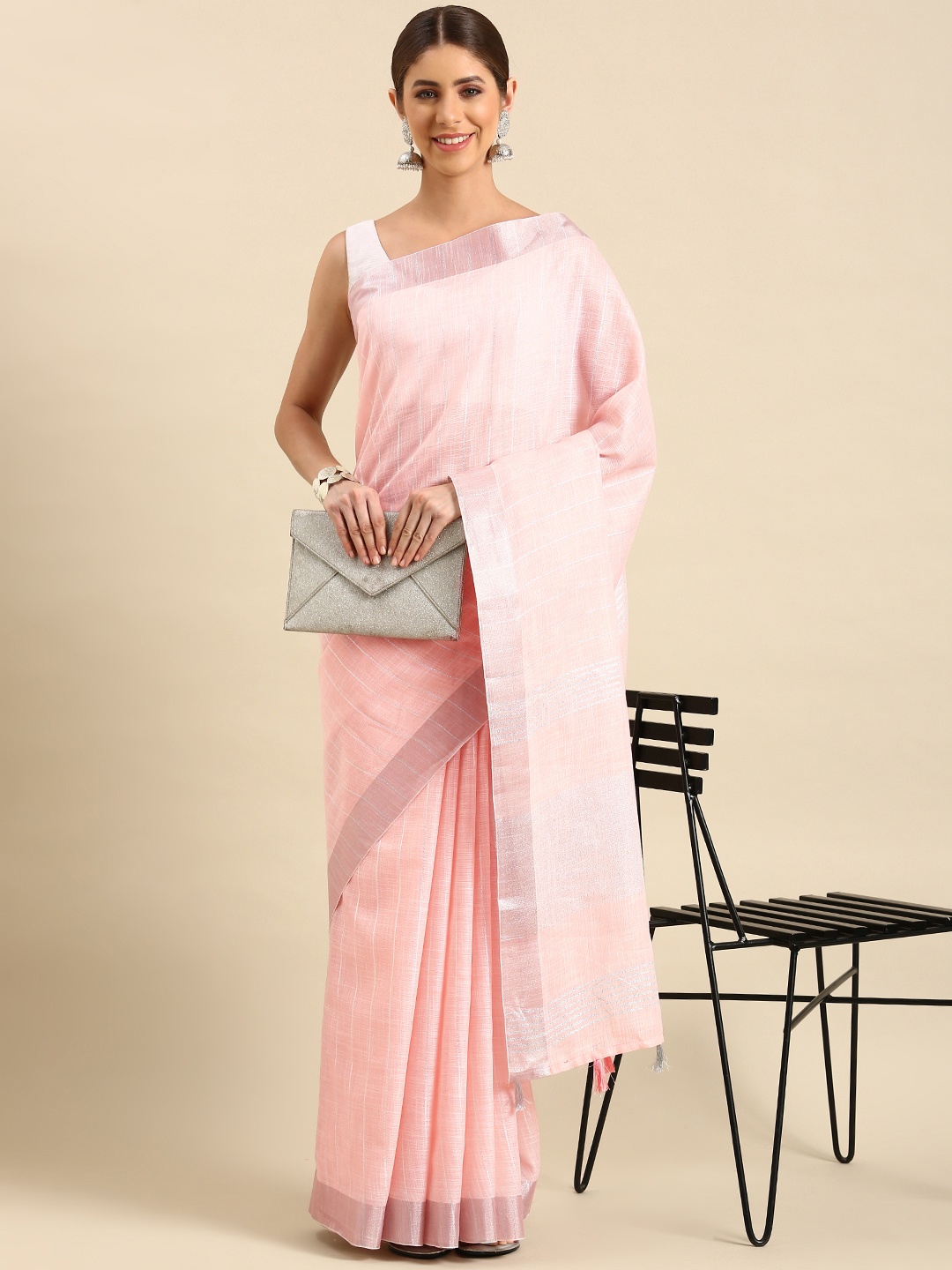 

KALINI Woven Design Striped Zari Pure Linen Saree, Peach