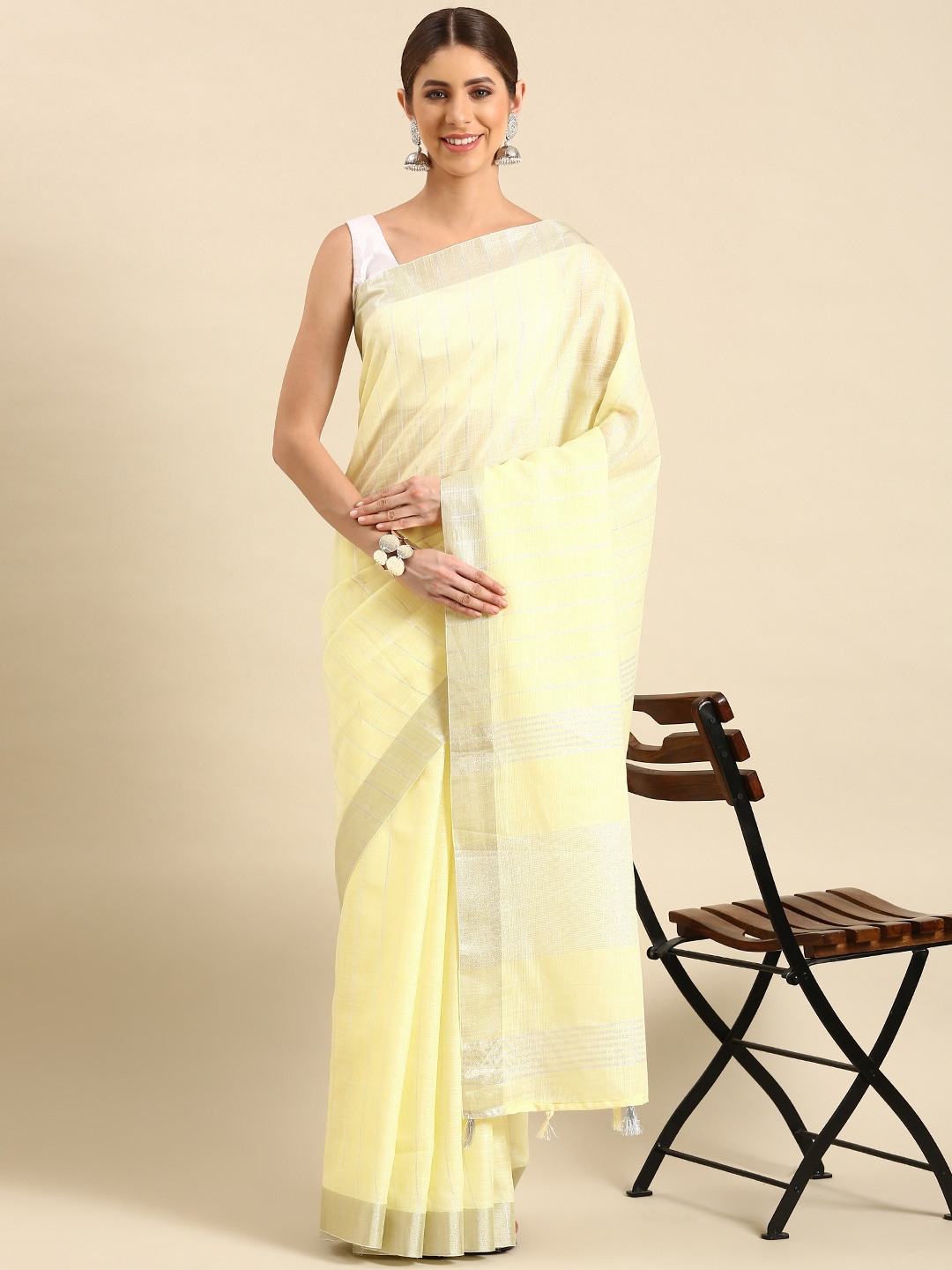 

KALINI Woven Design Striped Zari Pure Linen Saree, Yellow