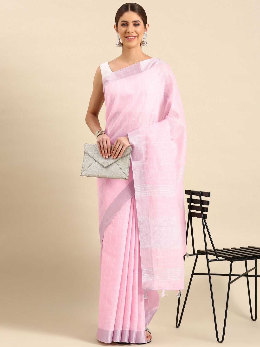 

KALINI Woven Design Striped Zari Pure Linen Saree, Pink