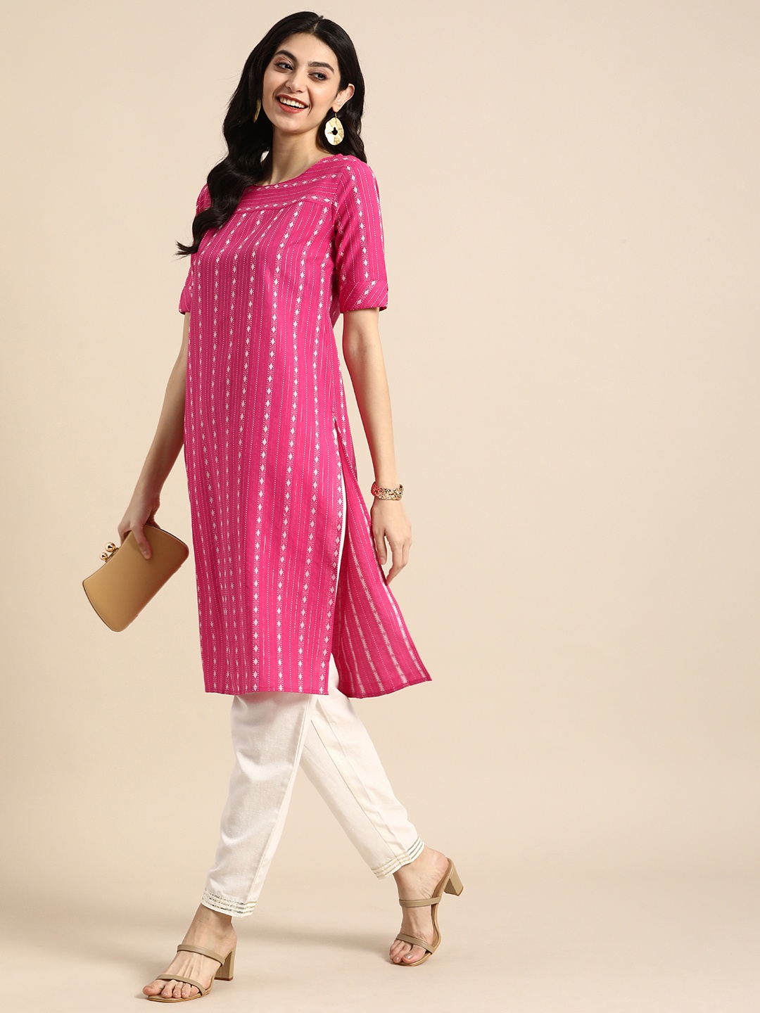 

Anouk Striped Dobby Kurta, Pink